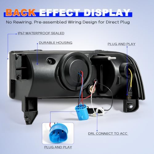 Shocklight Sequential LED&DRL Projector Headlight Assembly Fits 1994-2001 Dodge Ram 1500, 1994-2002 Ram 2500 3500 Pickup, Up to 500% Brighter, Plug & Play, Black Housing — 사진 7
