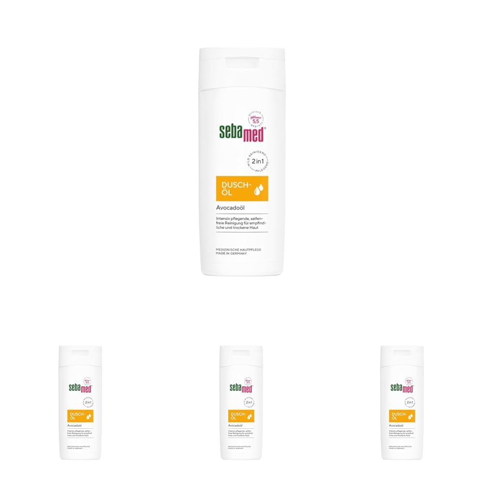 Sebamed Duschöl 200 ml, Duschöl für Damen und Herren, mit Avocadoöl, intensiv pflegende seifenfreie Reinigung für empfindliche und trockene Haut (Packung mit 4)