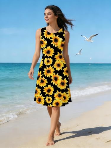 Image of uideazone Sunflower Dresses for Women Ladies Deep U Neck Sleeveless A Line Pleated Sundress Casual Flared Midi Halter Dress for Vacation