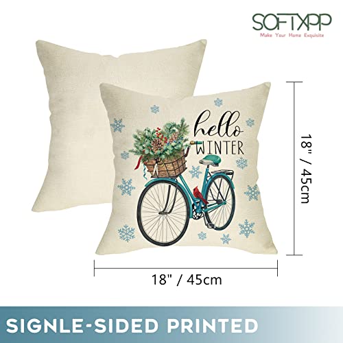 Softxpp Hello Winter Warm Wishes Gnome Throw Pillow Cover Set Of 4, 18X18 Cardinal Let It Snow Blue Mitten Snowflakes Cushion Case, Bicycle Red Bird Snowman Farmhouse Home Decoration Pillowcase Decors #TOP1