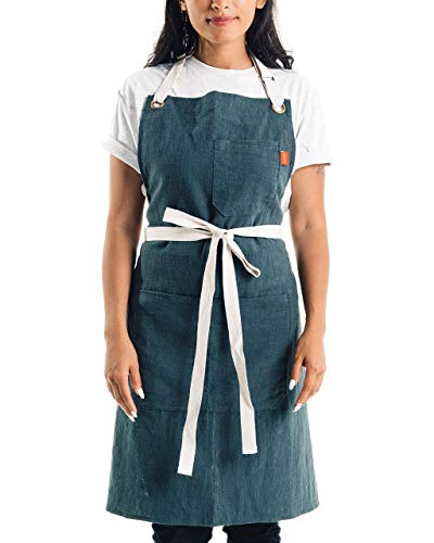 Caldo Linen Kitchen Apron For Cooking - Mens And Womens Linen Bib Apron For Professional Chef, Server, Or Barista- Adjustable With Pockets (Spruce) #TOP1