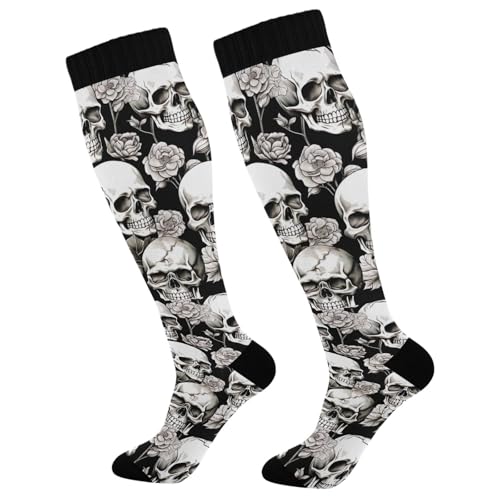 Waassud Paire de chaussettes de compression pour homme et femme Motif tête de mort Blanc 20-30 mmHg, multicolore, S-L
