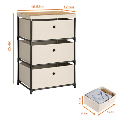 HAITRAL Fabric Dresser with 3 Drawers,Small Dressers & Chests of Drawers,Easy Pull Storage Bins,Drawer Organizer Unit for Clothing, Closet,Dresser for Bedroom Living Room Hallway(White)
