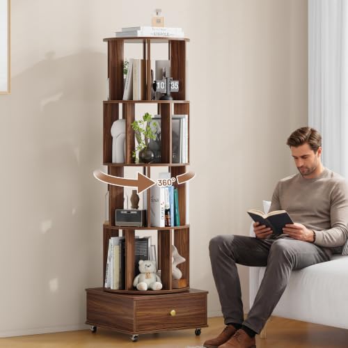 Nivisre 4 Tier Wood Rotating Bookshelf 360 Spinning Bookshelf Tower with Lockable Wheels Round Revolving Bookcase for Bedroom Small Space Corner Office Reading Nooks Hallways Walnut