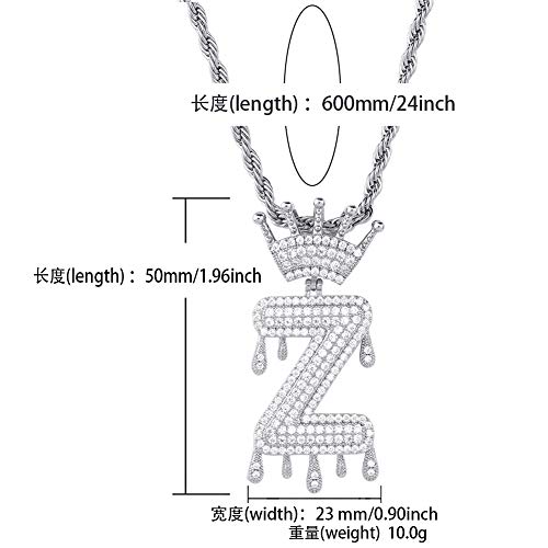 HECHUANG Micropave Simulated Diamond Iced Out Crowned Initial Dripping Letters Pendant with Rope Chain (Silver Z, 30)