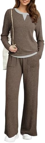 Dokotoo Women's 2 Piece Sets Outfits Casual Long Sleeve Color Block Sweatshirts Wide Leg Pants Tracksuit Sets With Pocket