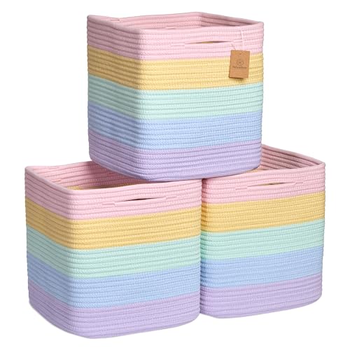 Image of NaturalCozy Storage Cubes 11 Inch Cotton Rope Woven Baskets for Organizing, 3-Pack | Cube Storage Bin | Square Storage Baskets for Shelves Organizer, Classroom, Kids Toy Bins, Closet, Baby Nursery
