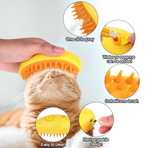 Juome Cat Steam Brush, 3 In1 Steamy Cat/Dog Brush for Shedding, Cat Steamer Brush for Massage, Multifunctional Cat Grooming Brush, Pet Hair Removal Tool Comb for Cats and Dogs (Yellow) - Thumbnail 4