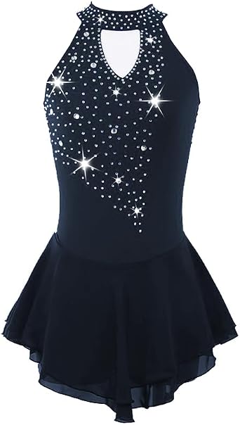 Figure Skating Dress,Girls Sleeveless Halter with Flash Drill Skating Performance Competition Wear Costume