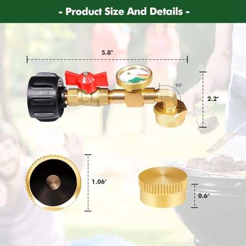 Detoypapa Propane Refill Adapter for 1 lb. Tanks, 90 Degree Upgrade Propane Adapter 20lb to 1lb Converter with Gauge and Control Valve for Propane Heater Grill Stove, 2 Caps Included,Solid Brass