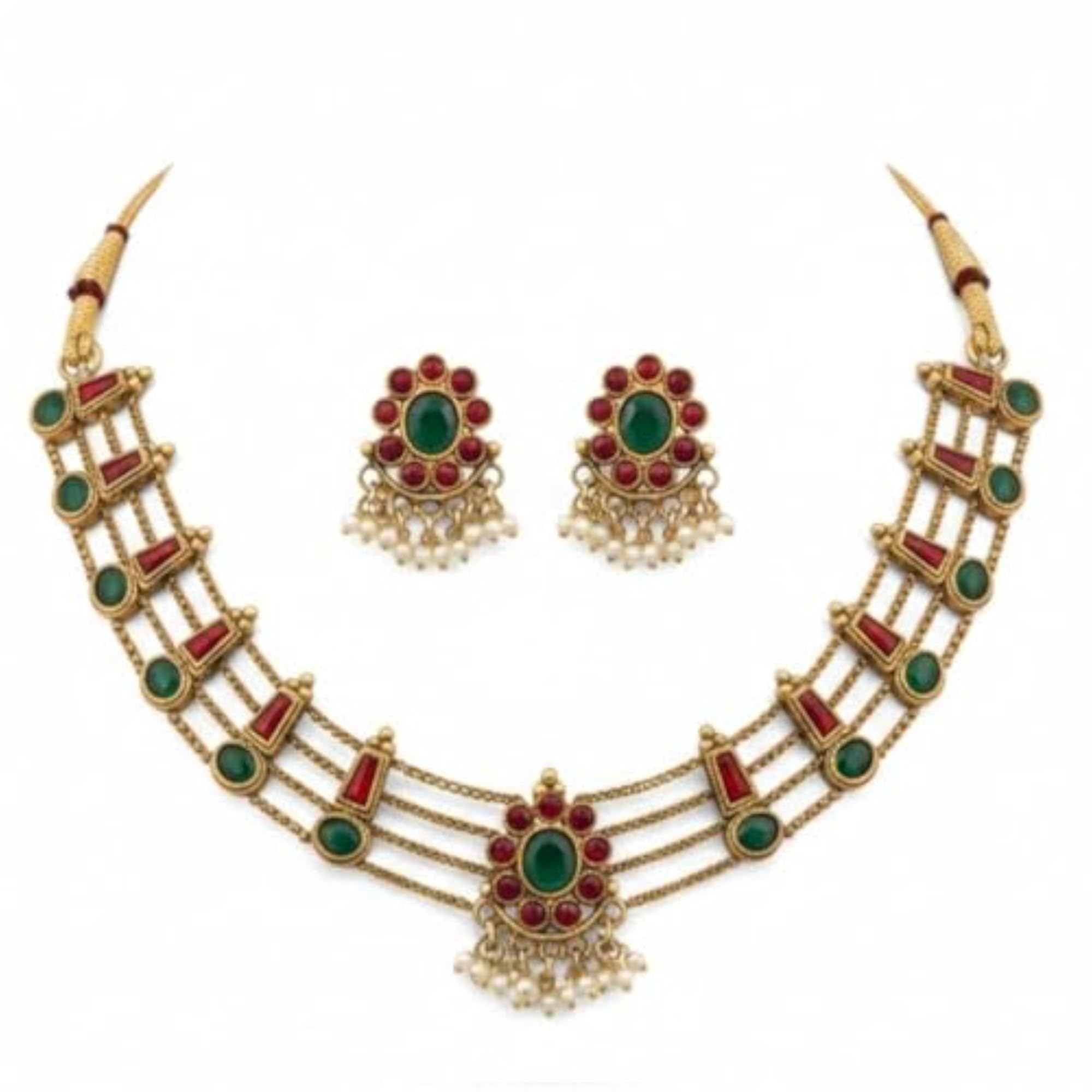 Traditional South Indian Stone Layered Necklace Set