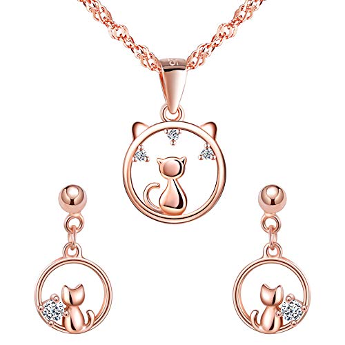 Yumilok Jewellery Gifts for Women Cat Rose Gold Necklaces and Earrings Jewellery Sets