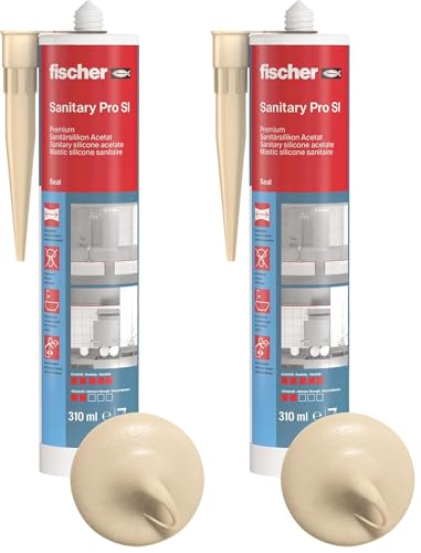 Fischer Sanitärsilikon DSSA BG, Silikon zum Abdichten & Verfugen im Sanitär- und Küchenbereich, Kartusche für zahlreiche Anwendungen und Baustoffe, 310 ml, beige, Bahama-beige (Packung mit 2)
