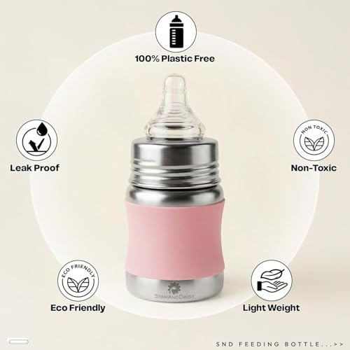 Image of StarAndDaisy 125ml Stainless Steel Baby Feeding Bottle for Newborns, Infants & Toddlers | SUS 304 Steel Milk Bottle | BPA-Free, Leakproof, Anti-Colic & Easy-to-Clean Feeding Bottle for 0+ Months (Pink)