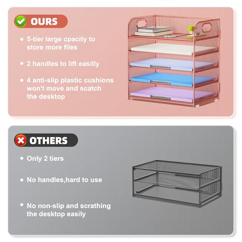 Marbrasse 5 Tier Paper Organizer Letter Tray, Mesh Desk File Organizer with Handle, Paper Sorter Desk Organizer for Home Office Supplies - Rose Gold — view 2