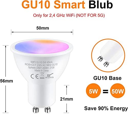 ANTELA GU10 Smart Bulb, Dimmable Colour Changing Alexa Light Bulbs, 2700K-6500K RGB Warm White, 4.5W=50W, 350LM, Smart Life APP Control, Compatible with Alexa, Google Home, No Hub Required, 4 Packs