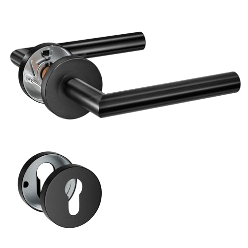 HENYIN 1 lot de poignées de porte à levier en acier inoxydable avec écusson à trou cylindrique, poignée de serrure de porte à mortaise, couleur noire (SO2-103C-B)