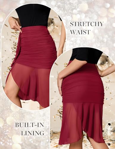 DRESSTELLS Asymmetrical Stretchy Mesh Skirt, 2025 Ruched Bodycon High Waisted Flowy Wrap Skirts3