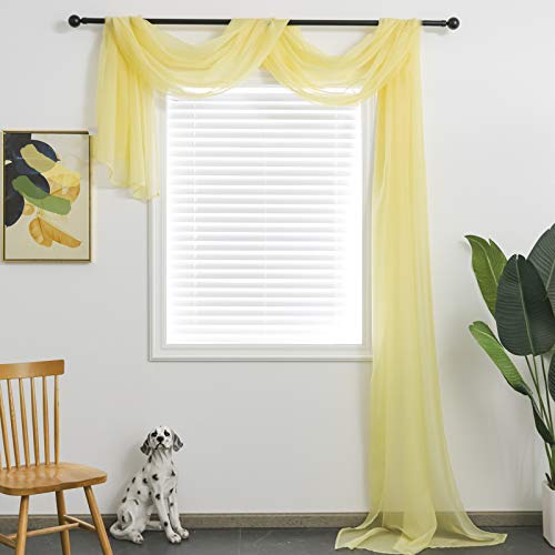 TOAVA DECO Light Yellow Sheer Window Scarf Valance for Windows Light Yellow Sheer Scarf Curtains 216 Inches Long for Living Room Bedroom Curtain Drapes Wedding Party Canopy Bed 52×216