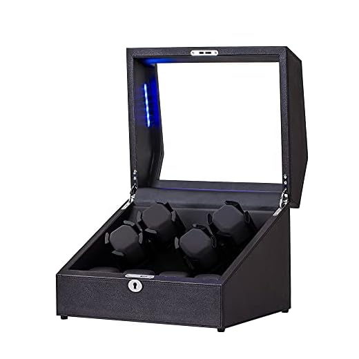 JINS&VICO Watch Winder for 4 Watches +4 Extra Storages with Blue Interior Backlight, Lockable Watch Winding Box in Coffee Leather Shell, Silent Mabuchi Motors and 4 Rotation Mode Setting