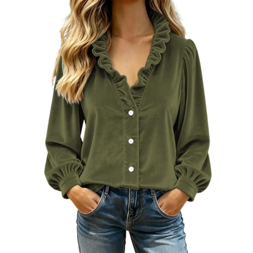 Womens Velvet Blouses Ruffle V Neck Tops Long Sleeve Button Down Shirt Fall - image 8