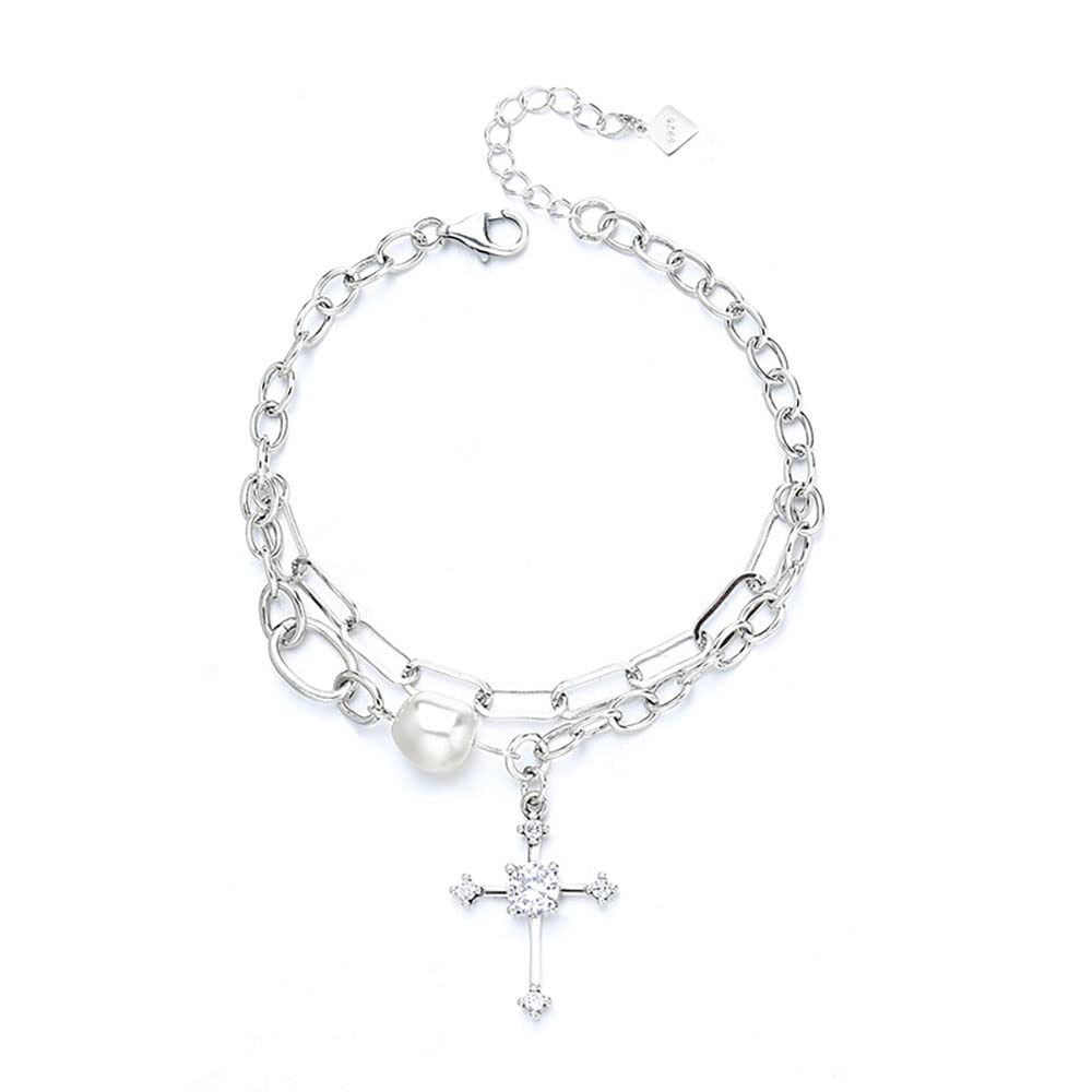 HLTYGWX Bracciale da Donna Bracciale Punk con Croce a Doppio Strato in Argento Sterling
