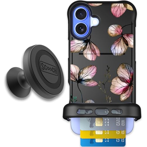 Scooch for iPhone 16 Plus Wallet Case Card Holder, Wingmate, Dried Flowers | With Wingmount Car Mount, Hidden Card Holder for 3-4 Cards, RFID Protection, 10-foot Drop Protection