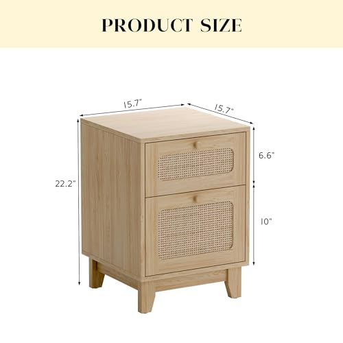 Modern Wicker Rattan Nightstand,Rattan Stand with Drawer and Storage Space, Wooden Side End Table for Small Spaces, Natural Wood BedsideTable for Bedroom,Easy Assembly (no Charging Station, 1) - Thumbnail 2