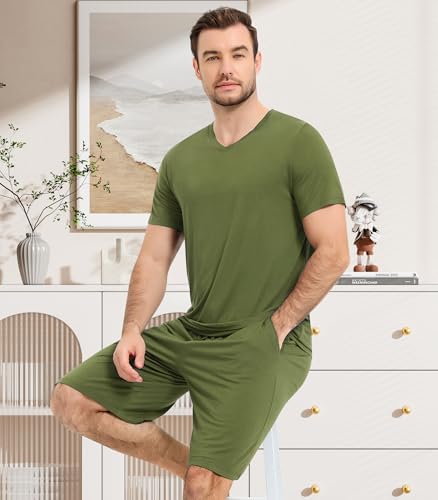 Image of NACHILA Men's Pajamas-Viscose Made from Bamboo, Short Sleeve Top with Shorts Pjs Set V Neck Sleepwear Cool Loungewear