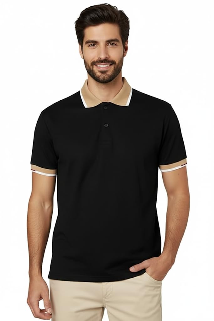Men Black Beige Polo Collar Cotton T-Shirt Material Cotton
