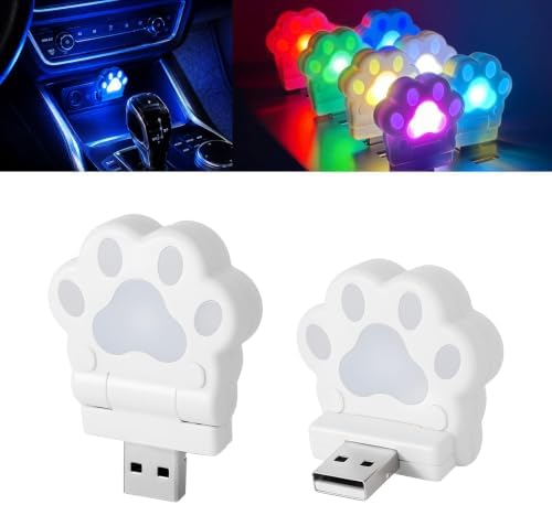 2 Pcs Mini USB LED Car Interior Light, Cute Cat Paw RGB Ambient Night Light