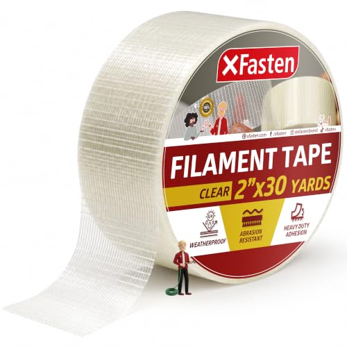 XFasten Filament Duct Tape, Transparent, 2 Inches x 30 Yards, Extreme Fiberglass Reinforced Cross Strapping Tape