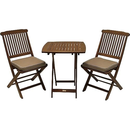 Outdoor Interiors Eucalyptus Wood 3-Piece Square Foldable Bistro Outdoor Furniture Patio Set, Table and 2 Chairs with Cushions, Beige