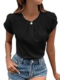 Ärmeltyp: Petal Ärmel GORGLITTER Damen Bluse Kurzarm Oberteil Office Tunika Elegant Sommershirt Sommertop mit Falten Blütenärmeln Schwarz S