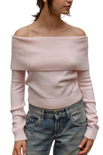 Women Fold Over Sweater Fall Off Shoulder Long Sleeve Oversized Cozy Pullover Knit Sweaters Y2K Girls Trendy Tops
