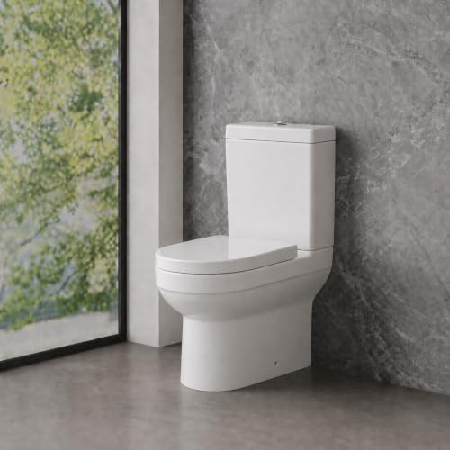 Image of Modern Rimless Closed Coupled Toilet, Comfort Height, Soft Close Heavy Duty Seat, Chrome Dual Flush, White Ceramic, Water Saving WC Pan & Cistern D-Shape