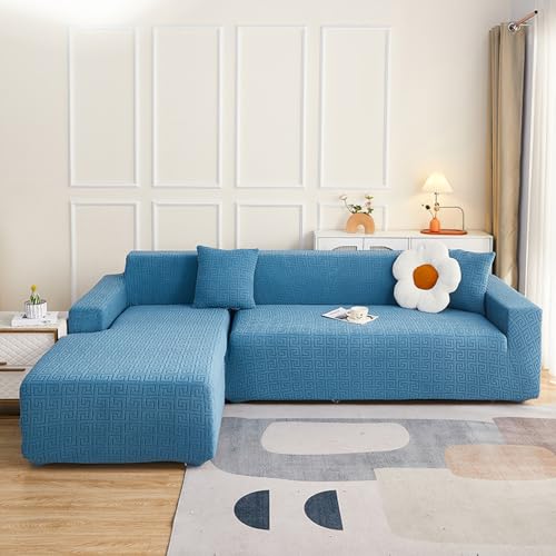 Housse canape d'angle lavable en machine bleu lac extensible 3 places - 3