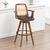 WUPOTO Set of 1 Counter Height Stools, 26.3" Seat Height 360° Swivel Stool with Ergonomic Rattan Back, Faux Leather Seat, Bamboo Legs with Walnut Finish, Mid-Century Style, Black