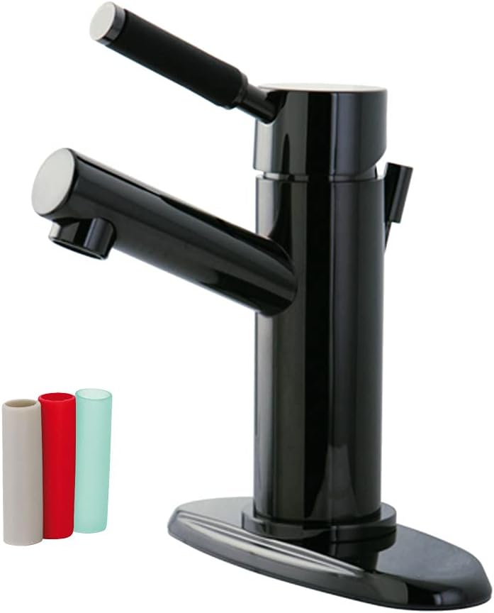 Kingston Brass NS8420DKL Water Onyx Single Handle Lavatory with Anti-slide Handle Sleeve and Brass Pop-up Drain, Black Stainless Steel