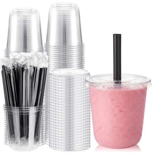 Ziliny 50 Sets 12 Oz Plastic Cups with Lids and Jumbo Straws, Black