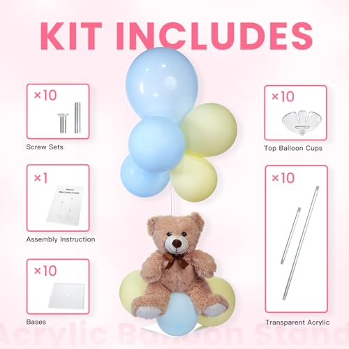 Image of TekXYZ Acrylic Balloon Stand for Table Centerpiece, Adjustable 10-Pack | Adjusts to 15.75 inch, 23.6 inch, 31.5 inch. Sturdy base, easy assembly & reusable for parties. Note: Balloons NOT included.