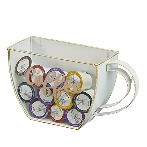 Coffeei.v.™ Coffee Cup Shaped Pod Holder - Wall Mounted Or Counter Top, Anti Slip - Durable, Functional, Space Saving - Doubles As Decor For Your Kitchen, Coffee Bar - Glass Front (Golden Sugar White) #TOP3