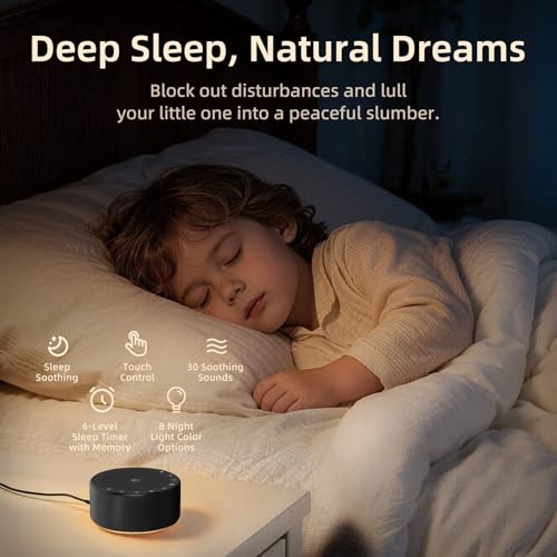 Image of Kipcush White Noise Machine for Baby & Adults, 30 Soothing Sounds, Soft Non-Glare Nursery Lamp, 8 Color Night Lights, Memory Function (Angel V2 Black, Standard)