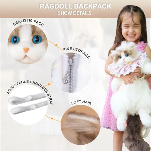 Image of Chongker Ragdoll Cat Backpack - Realistic Stuffed Animal Purse, Plush Cat Backpack for Kids & Adults, White
