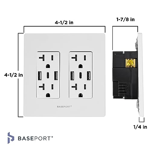 BASEPORT Premium Wall Outlet with USB Ports - 125V 20 Amp Outlet, 5V/6A USB Outlets Receptacles, Dual USB-A, 1 USB-C, Double Gang White Faceplate - Thumbnail 2