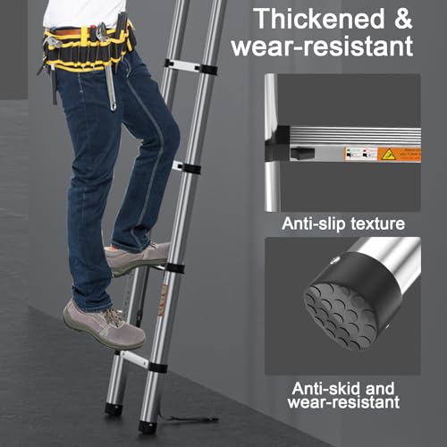 Telescopic Ladder 2.6m/8.5FT,Stainless Steel Lightweight Extension Ladder with Automatic Locking,Non-Slip Feet,Load 150kg/330lb,Multi-Purpose Collapsible Ladder for Household and Outdoor Working 4 Telescopic Ladder 2.6m/8.5FT,Stainless Steel Lightweight Extension Ladder with Automatic Locking,Non-Slip Feet,Load 150kg/330lb,Multi-Purpose Collapsible Ladder for Household and Outdoor Working - Image 4