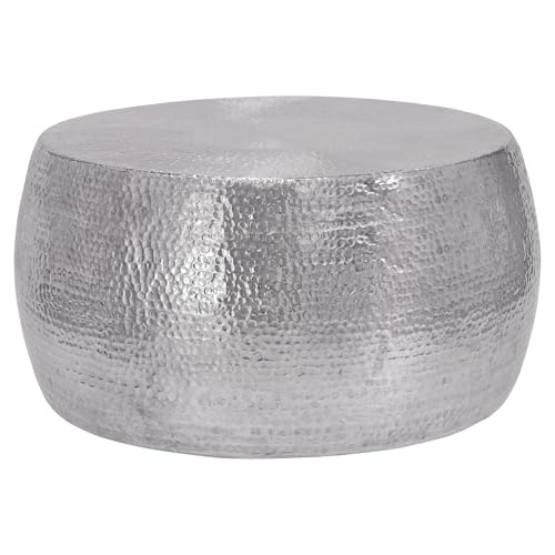 WOMO-DESIGN Couchtisch Ø 90x45 cm Silber, Unikat, Hammerschlag-Optik, Handgefertigter Beistelltisch, Orientalischer Wohnzimmertisch, Runde Tisch, Aluminium Loungetisch, Flacher Sofatisch, Metall Tisch