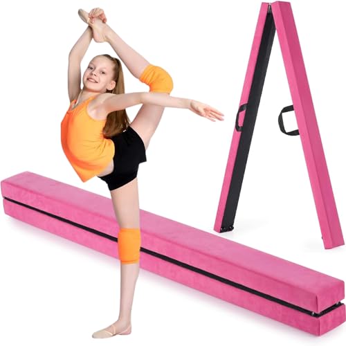 PANGU 8 Ft Folding Gymnastic Balance Beam with Non-Slip Suede & Carry Handles – Portable Home Gym Equipment for Kids, Beginners. For Hard Floors (Pink)