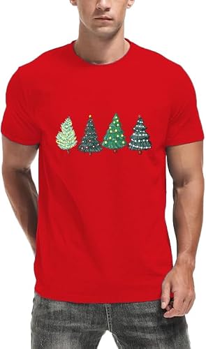 Image of SUWATOIN Mens Christmas Shirt Christmas Trees T-Shirt Xmas Holiday Tee Tops Red