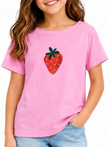 Image of Girls Graphic Tees Crewneck Casual Short Sleeve Shirt Strawberry Cute Summer Tops Pink Strawberry 13-14 Years